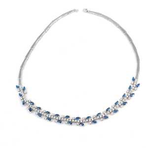 925 Sterling Silver White <b>Blue</b> Round Stone <b>Necklace</b> Leaf Motif Waterway Design Diamond Women Wedding Marquise Cut - Product Image 2