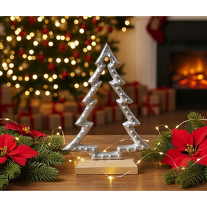Elegante árbol de Navidad de Metal plateado, decoración de mesa, Base de madera, adorno de Navidad independiente para el hogar, decoración de Navidad - Product Image 1