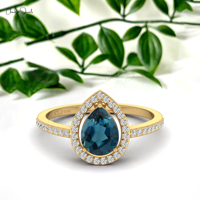 Fabricants asiatiques, bague halo en diamant certifiée IGI de 1 mm avec topaze bleue de Londres en forme de larme de 8 x 6 mm en or massif 14 carats, bijoux de mariage