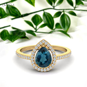 Fabricants asiatiques, bague halo en diamant certifiée IGI de 1 mm avec topaze bleue de Londres en forme de larme de 8 x 6 mm en or massif 14 carats, bijoux de mariage - Product Image 2