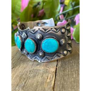 Bracelet manchette en argent sterling et turquoise Kingman fait main Navajo - Bijou de collection culturel - Product Image 4
