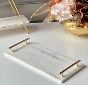 Vente en gros Plateau de service rectangulaire en marbre avec poignées dorées pour table de service chocolat noix Plateau décoratif pour fêtes de mariage - Product Image 1