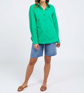 Light Green Casual Shirts Button Pointed Collar Long Sleeves Cuff <b>Drop</b> Shoulder <b>Back</b> Pleat Curved High Low Hem 100% Cotton - Product Image 3