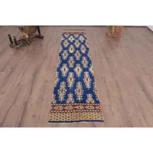 Alfombra Turca, Alfombra de Pasillo de 1.9x8.3 pies, Alfombra de Lana Azul y Amarilla - Product Image 1