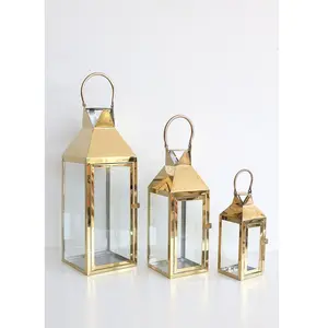 Royal Wedding Decorative Gold Plated Stainless Steel Lanterns Candle Decorative Handmade Christmas Lantern Set Candleholder