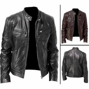 <b>Men's</b> Winter Stand Collar <b>Leather</b> Jacket Zippers <b>Washed</b> Canvas Fabric Waterproof Windproof Comfortable Breathable High Quality - Product Image 2