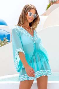 Robes de plage courtes brodées à col en v Transparent pour femmes, Sexy, Mini longueur décontractée - Product Image 2