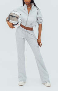 custom fleece tracksuit women stylish 2 Piece SetSlimSkinny zip up crop <b>top</b> sweatshirt with flare pants wholesale gym wear - Product Image 4