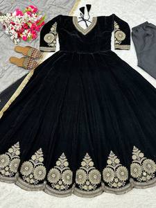 Ensemble de robe longue indienne Readymade et Dupatta, velours à coutures complètes avec fil avec paillettes tenue de fête de travail pour femme - Product Image 3