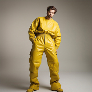 Wholesale Fashion Leather Pants <b>Men's</b> OEM Yellow PU Leather <b>Trouser</b> Pant <b>Men</b> High <b>Elastic</b> Waist Genuine Leather Pants Boys - Product Image 5