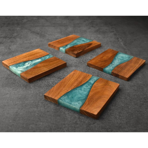 Ensemble de 4 sous-verres créatifs en bois d'acacia et résine époxy, sous-verres à boisson en résine bleue faits à la main, articles de bar écologiques - Product Image 2