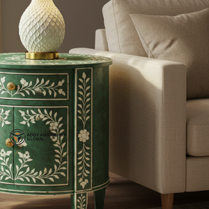 Mesita de noche de madera con incrustaciones de hueso verde de excelente calidad con tres cajones para el hogar disponible al mejor precio de mercado - Product Image 2