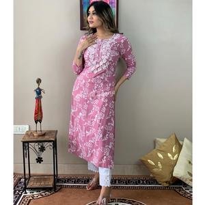 Kurti bordado con estampado de rayón bajo demanda con pantalón de trabajo de encaje para la última moda de mujer, proveedor mayorista - Product Image 1