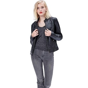 Blouson moto en similicuir noir pour femme, coupe ajustée, en cuir PU, avec poches zippées, vêtement d'extérieur élégant et décontracté, détachable - Product Image 1