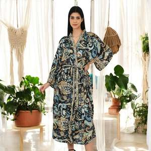 Women's <b>Flowy</b> Silk Sari Kimono Cami Set One Size Black Blue Paisley Gown with Scoop Neckline - Product Image 3