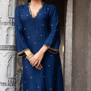 2024 Indian/Pakistani Stylized Embroidery Long <b>Kurta</b> Pant <b>Dress</b> Crystal Glass Beads Lace Thread Work Sequins Natural Party Wear - Product Image 1