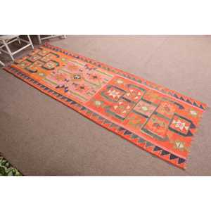 Turkish <b>Rug</b>, <b>Runner</b> 3.3x10.3 ft Vintage <b>Rug</b>, Orange Bordered Wool <b>Rug</b> - Product Image 3
