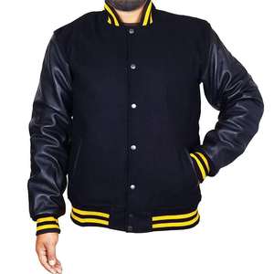 Chaqueta Universitaria Negra con Capucha y Ribete Amarillo, Estilo Béisbol, Cierre de Cremallera, Manga de Lana, Opción Personalizada, Cálida, Transpirable y Resistente al Viento - Product Image 4