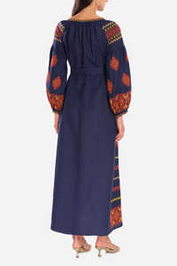 Ukrainian <b>Long</b> Sleeves Ethnic Embroidered High Quality Fabric Linen Ukraine <b>Long</b> <b>Dresses</b> with Belt - Product Image 2