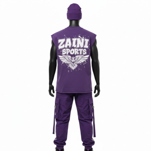Ensemble 2 pièces haut et pantalon cargo pour homme, en mélange coton polyester 260 GSM, violet, avec impression personnalisée du logo. - Product Image 2