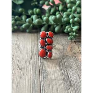 Navajo Made Mediterranean Coral & Sterling Silver Cluster <b>Ring</b> 18K <b>Gold</b> Plated Bezel <b>Set</b> Natural Gemstone Jewelry for Boys - Product Image 1