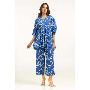 Ensemble coordonné pour femme, imprimé bleu ondulé, style décontracté, hauts à manches trois-quarts, pantalon ample en crêpe modal pour le printemps/été - Product Image 1