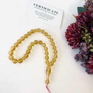 Tespih en ambre baltique fait main à facettes, jaune, Misbaha, 33 perles - Product Image 5