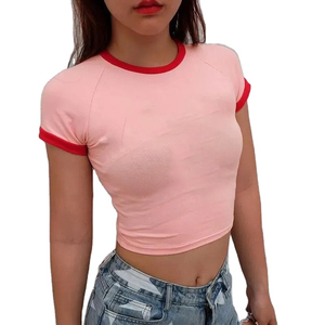 Camiseta Corta Colorblock para Mujer, Ajustada, Lisa, Informal, de Verano, de Manga Corta, con Cuello Redondo - Product Image 5