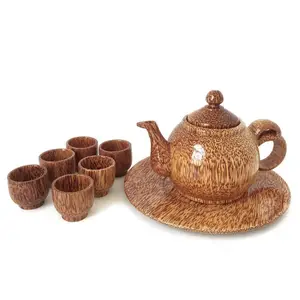 Bulk quantity mini teapots handmade coconut palm wood sets of teapot and tea cups from Vietnam supplier