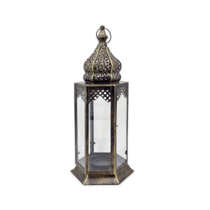 Juego de Faroles Decorativos de Metal y Vidrio para Ramadán, Forma Marroquí para Decoración de Eid, Faroles de Pie con Acabado Dorado Antiguo - Product Image 3