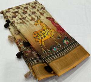 Collection de saris pour femmes en lin, coton et soie de qualité supérieure, entièrement ornés de broderies Aari, avec des glands en coton, pallu de designer Vanraaj, fabriqué en Inde - Product Image 2