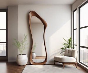 Miroir asymétrique pleine longueur Art Déco en noyer véritable fait main, décoration moderne, prix abordable - Product Image 4