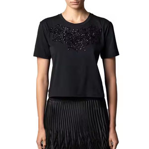 Camiseta Clásica Cuadrada Personalizada para Mujer, Camiseta de Manga Corta con Cristales Brillantes y Pedrería, Camiseta de Algodón Informal - Product Image 1