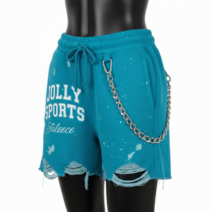 Shorts de mujer de algodón suave y poliéster con forro polar, color verde azulado, dobladillo sin rematar, elásticos, cómodos, con detalle de cadena y logotipo personalizado. - Product Image 2