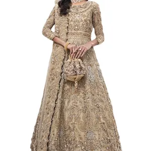 热卖连衣裙2022印度巴基斯坦最新雪纺网绣连衣裙重手工3件套婚纱