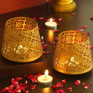 Classic golden iron candle votive with insert and wide handle for safe <b>carrying</b> during parties or power outages - Product Image 1