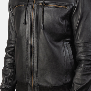 Videur Biz haute qualité 100% cuir noir Bomber veste col montant fermeture à glissière décontracté hiver Style toile tissu solide - Product Image 3