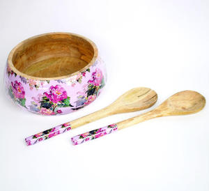 Bols à mélanger de haute qualité à bas prix avec cuillère pour bol à salade de fruits Bols en bois de mangue en résine imprimée. - Product Image 1