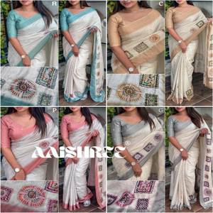 Sari elegante de algodón puro Tussar con impresiones digitales completas, forro de Jacquard Zari, trabajo de espejo de mano y detalle de tejido - Product Image 5