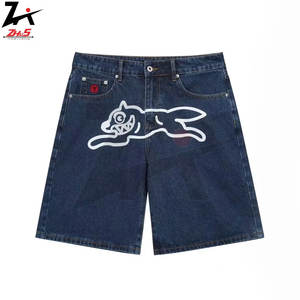Men's Customizable Solid Cotton Denim <b>Shorts</b> Baggy <b>Wide</b> <b>Leg</b> Knee Length High Street Style Vintage Embroidered Drawstring Closure - Product Image 3