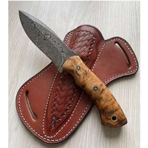 Couteau de camping de poche en acier Damas fait main avec manche en bois d'olivier, étui en cuir fin, personnalisable OEM - Product Image 1