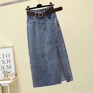 Girls <b>Maxi</b> Denim <b>Skirt</b> Knee Length Slit Design A-Line Silhouette Vintage Wash Modest Mature Garment - Product Image 5