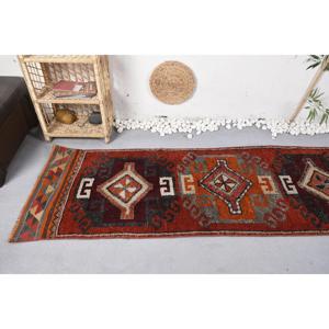 2.7x11.1 ft <b>Runner</b> Vintage Rug, Turkish Rug, <b>Red</b> Beige Animal Print Wool Rug - Product Image 5
