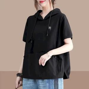 Camisetas de algodón 100% para mujer, camisetas de manga corta con capucha de retales informales, Camiseta holgada de gran tamaño de tendencia de verano Y2k transpirable - Product Image 3