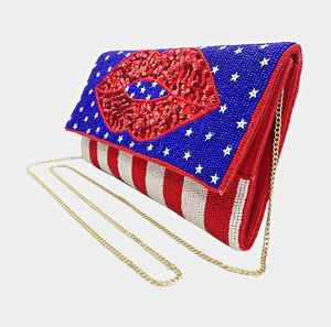 American Kiss USA Cadena de lujo Bolso de mano Labios de lentejuelas Bandera patriótica Semilla Estilo cruzado con cuentas para eventos nocturnos - Product Image 6