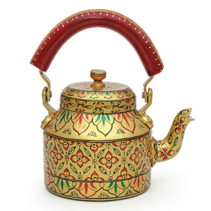 Traditional brass color steel <b>tea</b> <b>pot</b> featuring intricate geometric patterns, at wholesale prices. - Product Image 5