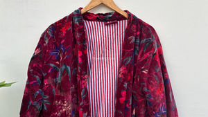 Kimono de algodón de terciopelo rojo oscuro, bata, chaqueta, bata, estampado de pájaro, boda, dama de honor, talla libre, transpirable - Product Image 3