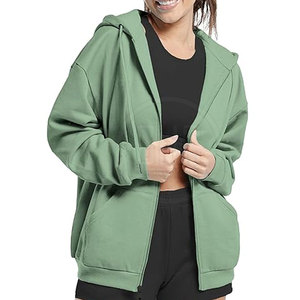 Sweat à capuche zippé 100% coton de couleur unie pour femmes veste surdimensionnée respirante pour l'extérieur - Product Image 6