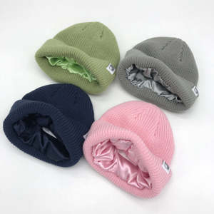 Acrylic Woven Patch Logo Skull Cap Wholesale Unisex Knit <b>Satin</b> <b>Lined</b> <b>Beanie</b> Hat Custom Logo - Product Image 2