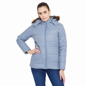Women's Light Blue Quilted Puffer <b>Jacket</b> With Fur Trim Hood Full Sleeve Winter Coat Regular Length Zipper Closure - Product Image 5